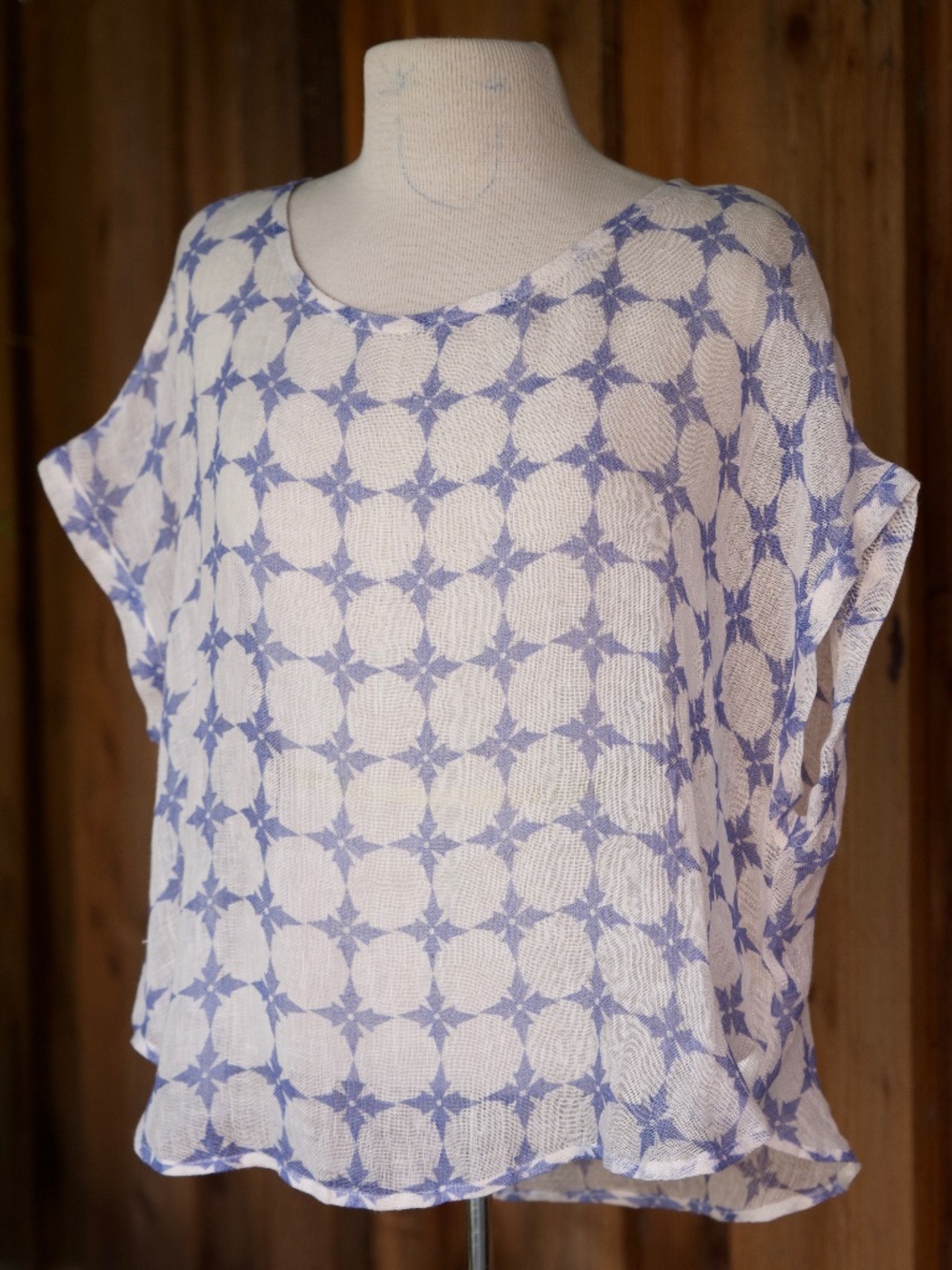 TU 100% Linen Blue & White Geometric Pattern Oversized Summer Blouse Woman's M